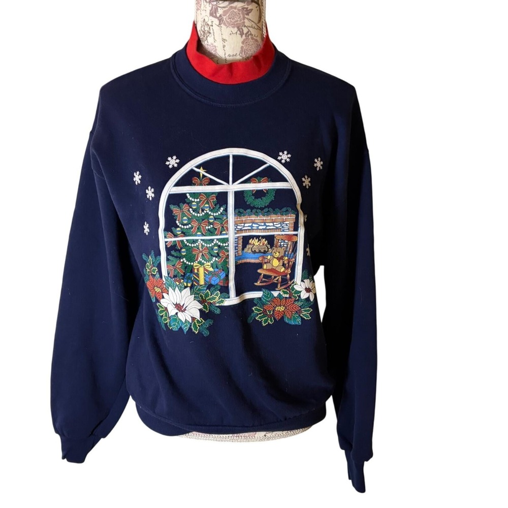 Vintage‎ Christmas Grandmacore Sweatshirt fireplace Cottagecore SZ M